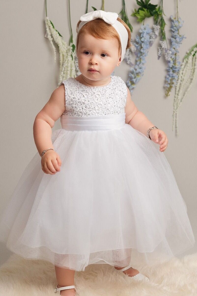 Baby Girls Dress with Floral Bodice & Bow - PC-1025 - Ivory