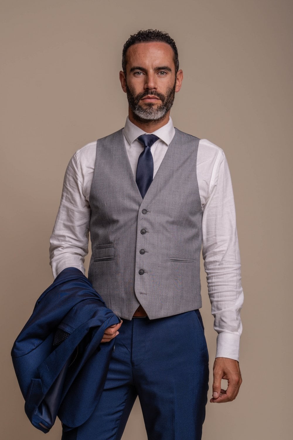 Costume Bleu Royal pour Homme 3 Pièces Coupe Slim avec Gilet Gris - Tenue Formelle Moderne Combinée