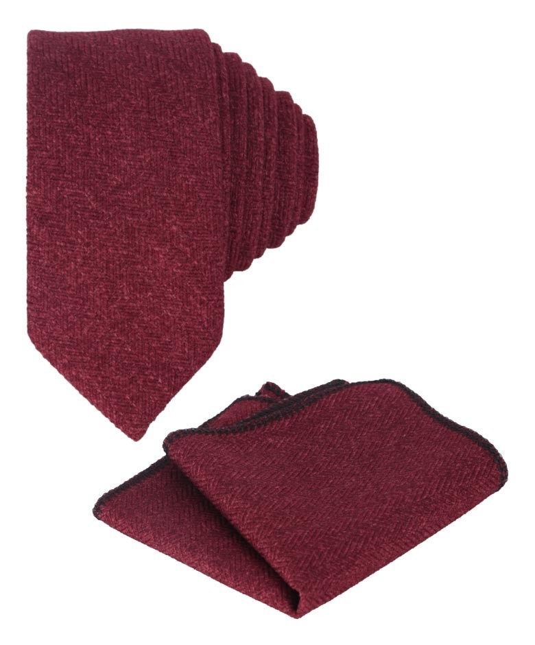 Boys & Men's Herringbone Tweed Tie & Pocket Square Set - Burgundy
