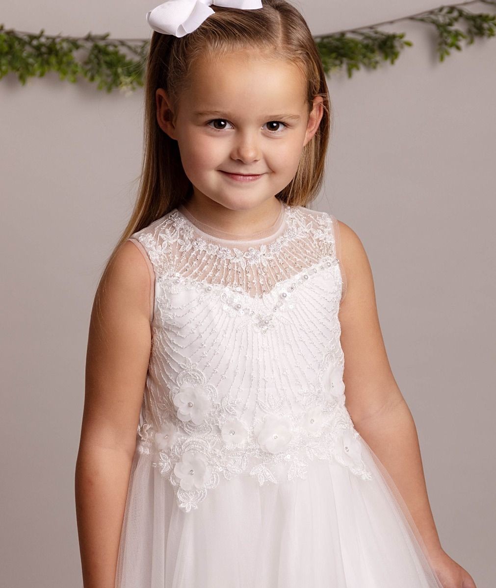 Girls Lace Floral Embroidered Ivory Dress - DAVINA