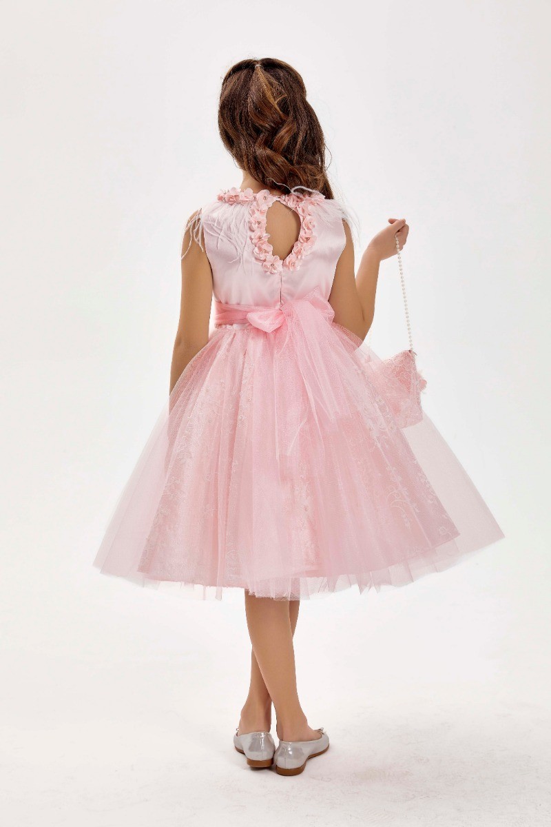 Mädchen Ärmelloses Tüll Midi Rosa Kleid Set