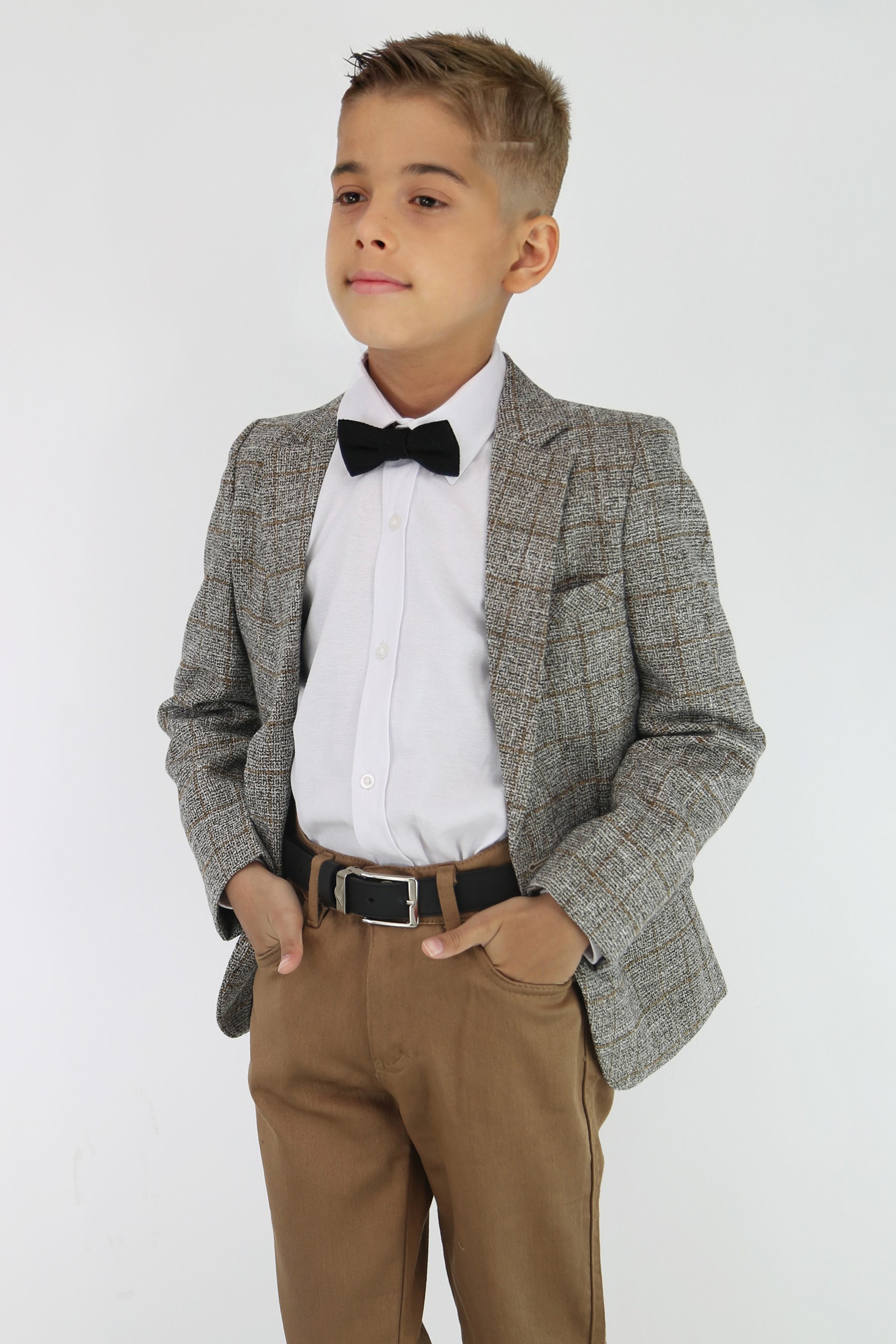 Jungen-Baumwoll-Tweed-ähnlicher Karo-Tailored-Fit-Blazer - Beige