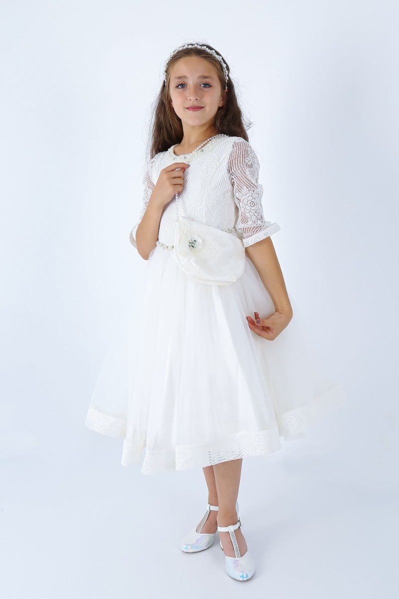 Flower Girls Lace Embroidered White Dress Set - Ecru