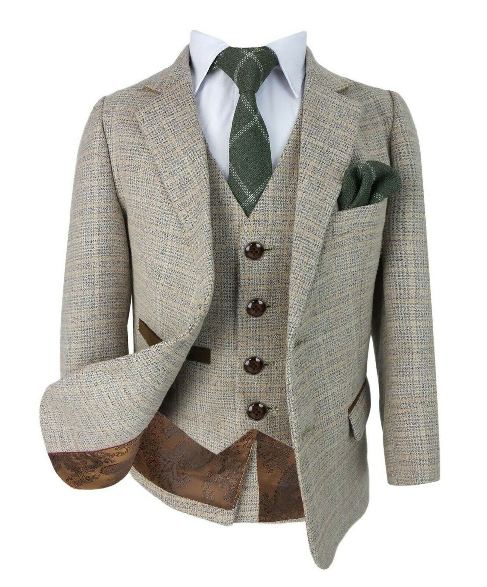 Boys Tweed Check Tailored Fit Beige Formal Suit - HOLLAND - Beige - Brown