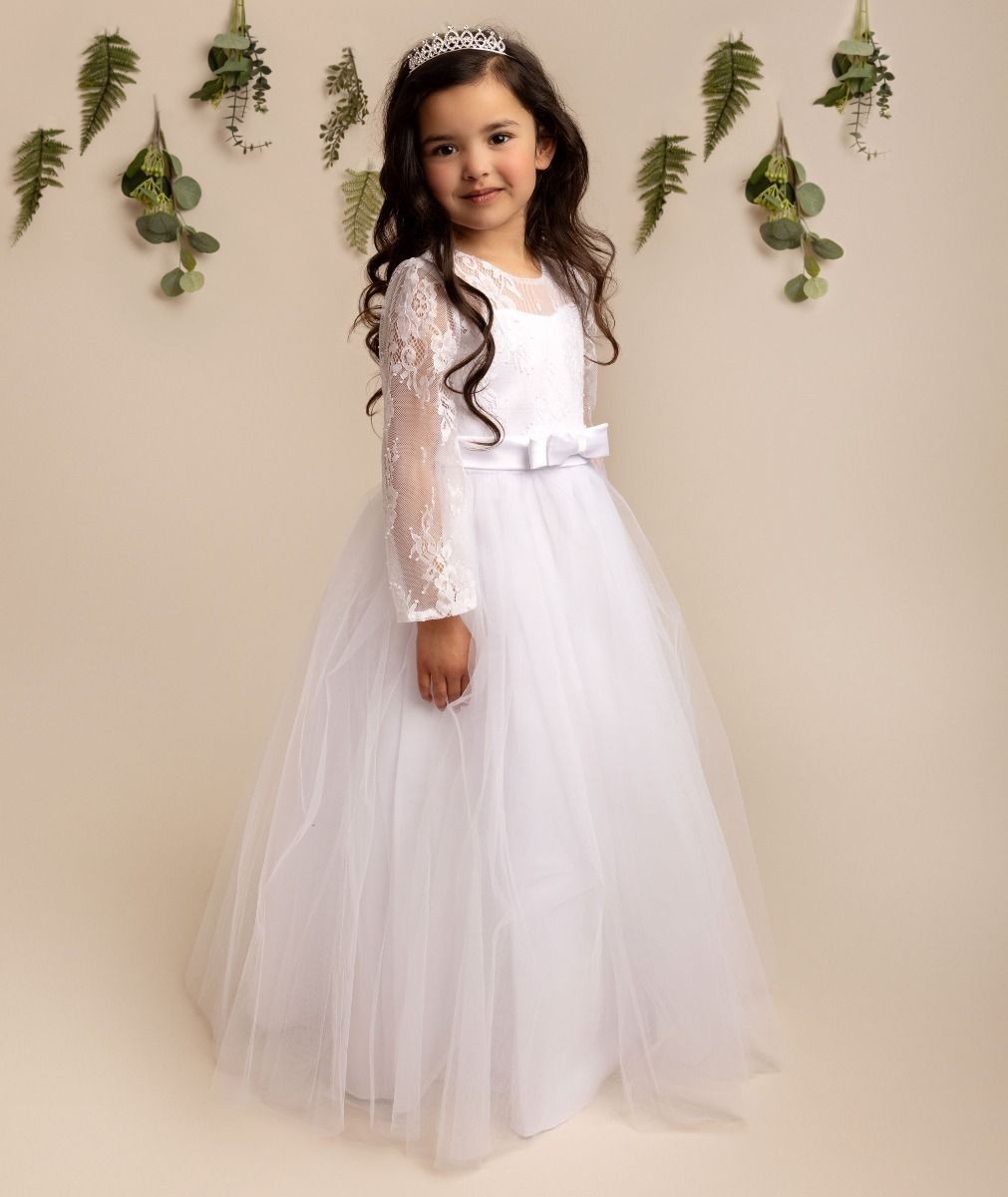 Girls Long Sleeves Lace White Tulle Dress - JADE