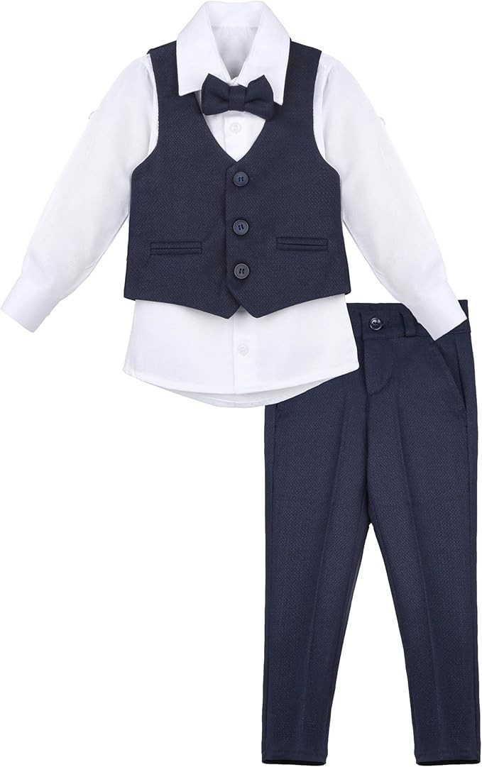 Jungen Slim Fit Texturiertes Weste Anzug Set, Festlicher Anzug - Navy blau