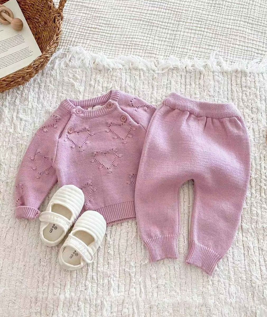 Baby-Mädchen Strickpullover & Leggings Set mit Herzdruck - 2407 - Rosa