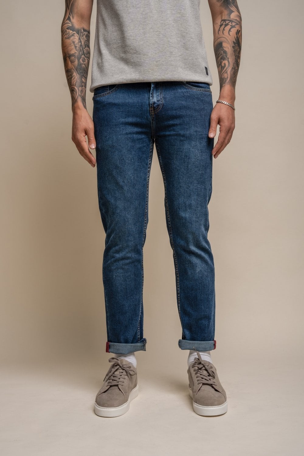 Herren Baumwolle Slim-Fit Stretch Denim Jeans - MILANO - Steinwäsche blau