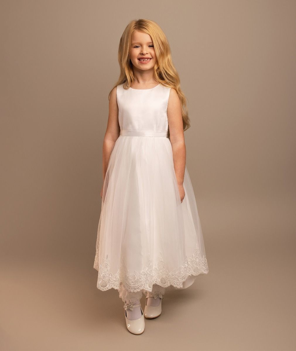 Girls’ Ivory Tulle Dress with Lace Trims & Bow - India