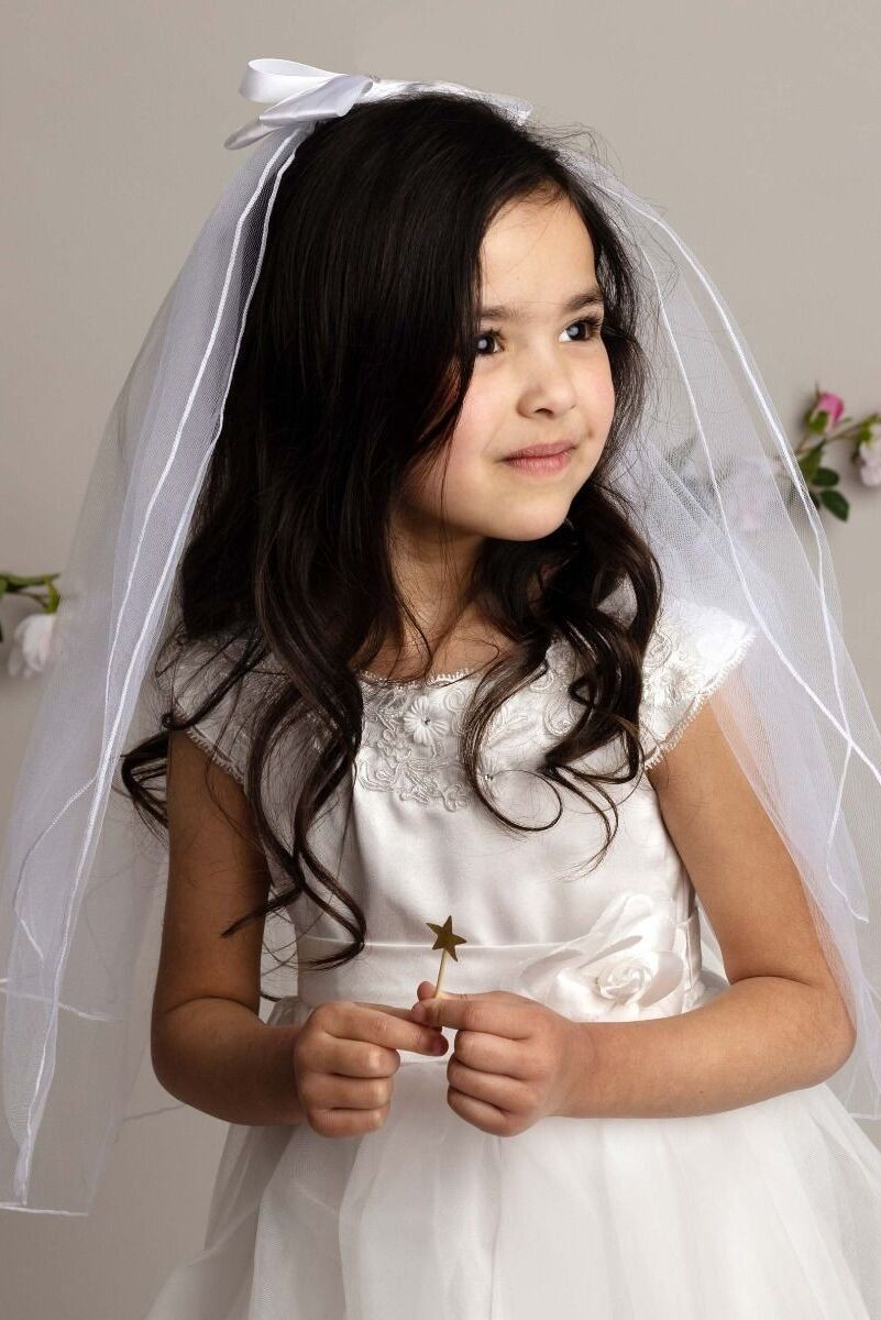 Voile en Tulle Blanc avec Croix en Cristal & Nœud pour Filles - 607