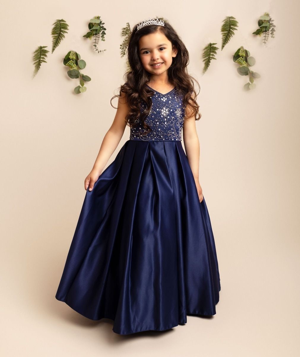 Girls Crystal Satin Navy Ball Gown Dress – EDEN