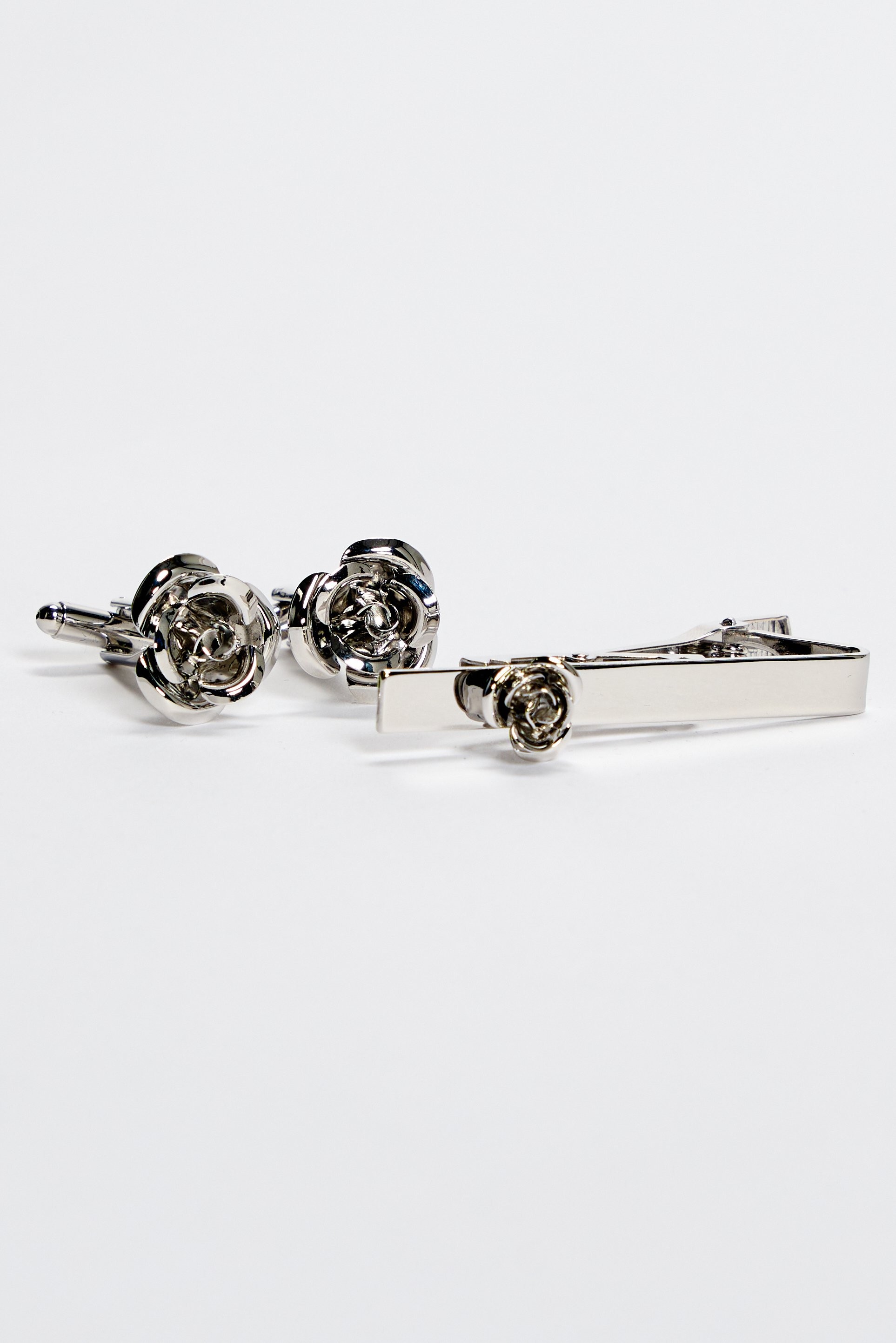 Herren-Manschettenknöpfe und Krawattenklammer-Set in Rosen-Design - Silber