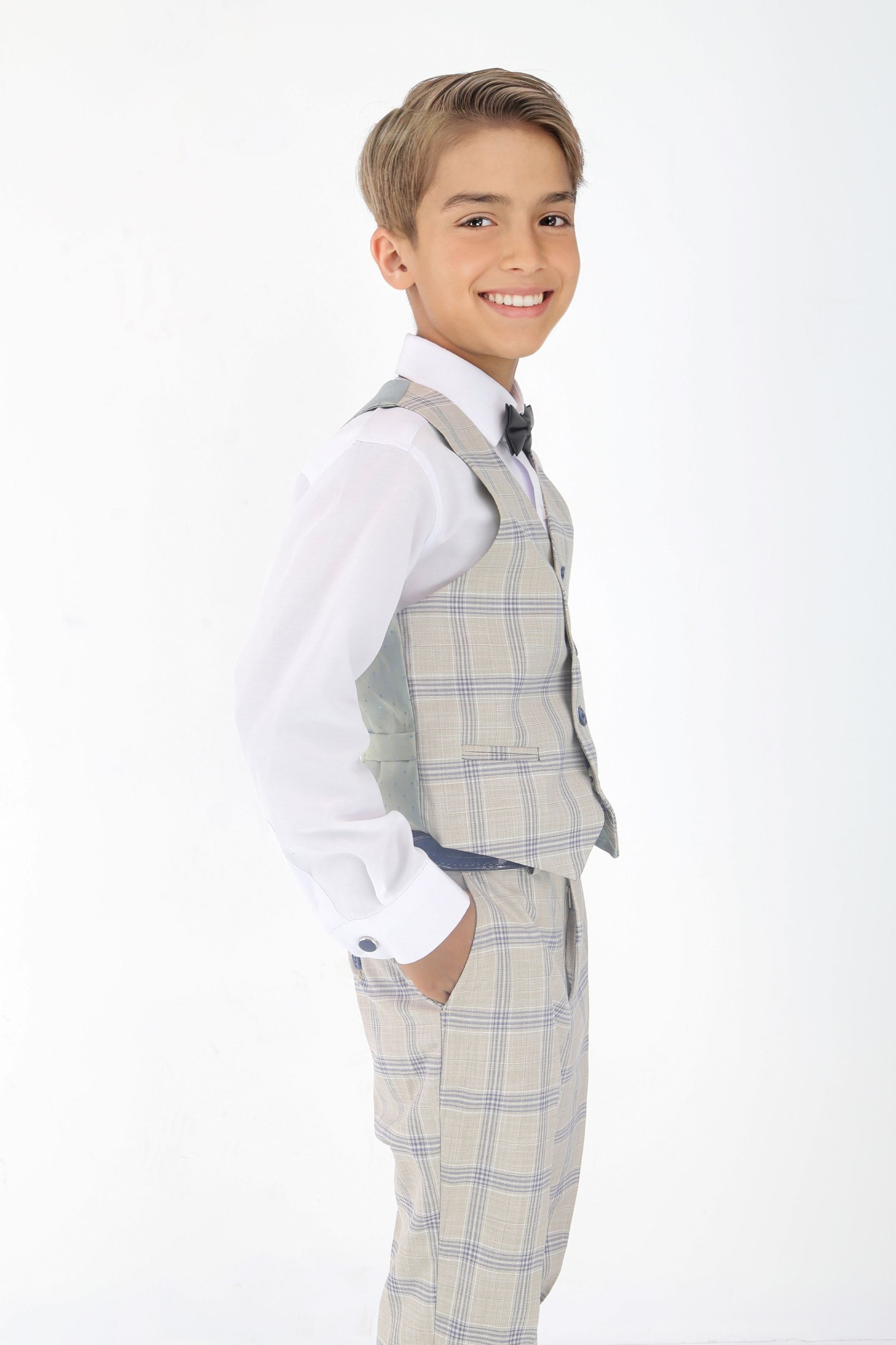 Boys Beige & Blue Plaid Check Suit