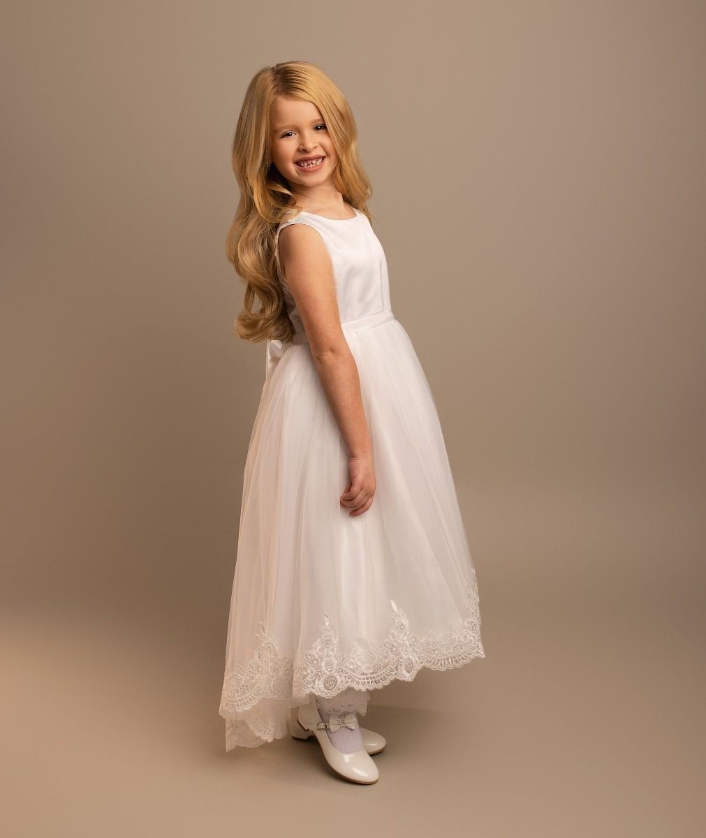 Girls’ Ivory Tulle Dress with Lace Trims & Bow - India