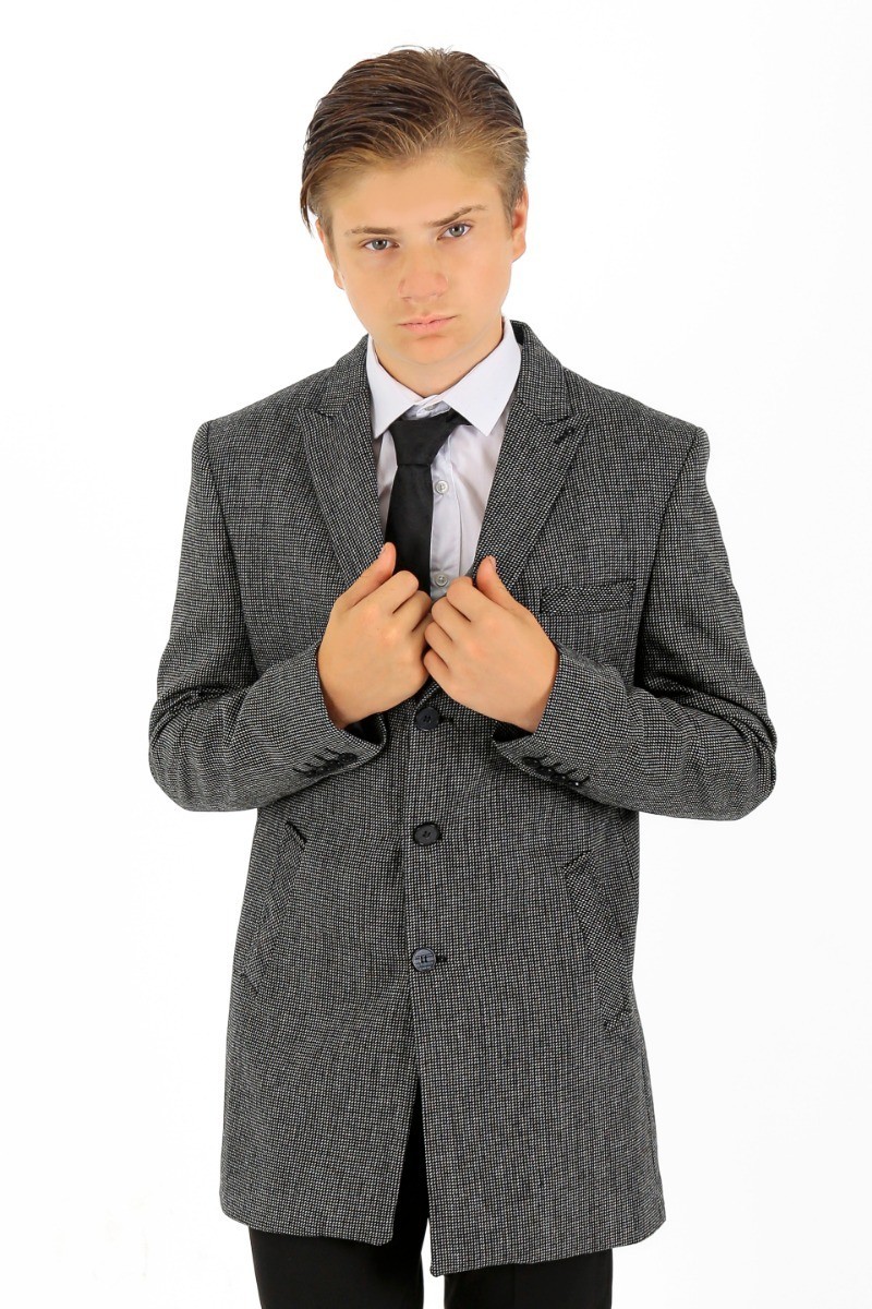 Jungen Woll-Birdseye-Tweed-Midi-Mantel mit schmaler Passform - Grey