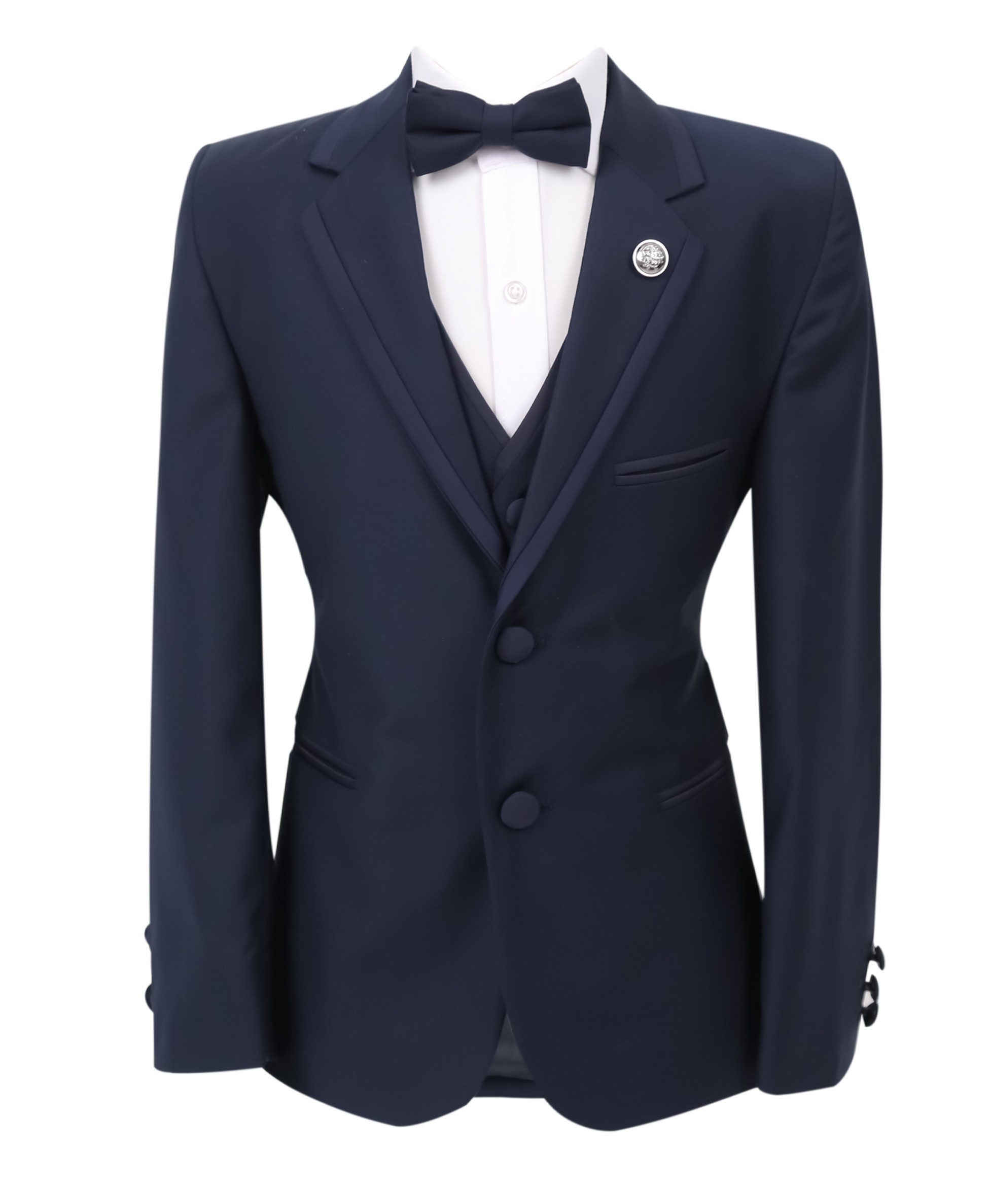 Jungen Smoking Paspel Dinner Anzug, Slim Fit 5-Teiliges Set für Hochzeiten und Besondere Anlässe - Navy blau