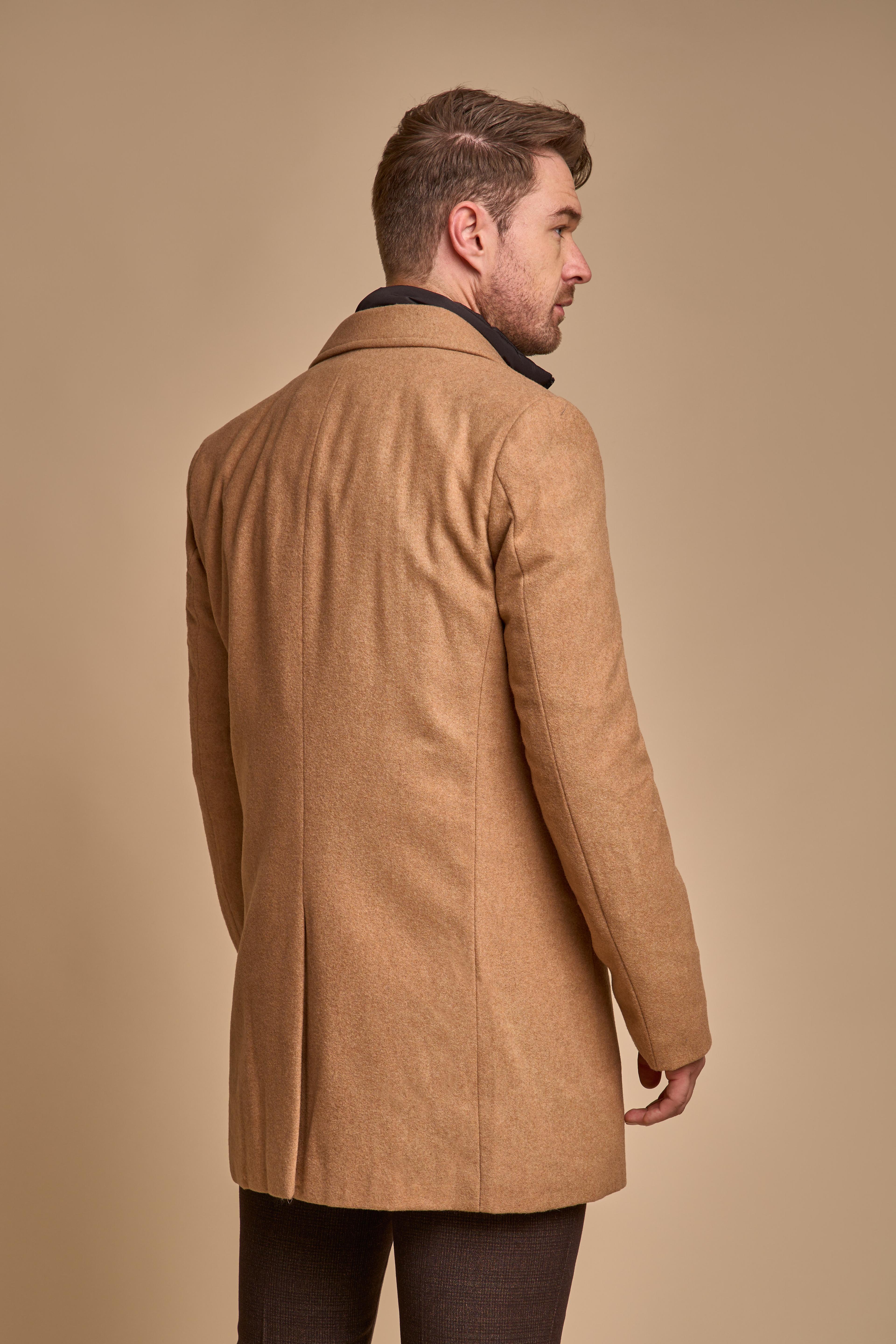 Slim-Fit-Mantel aus Wollmischung für Herren – vielseitige, mittellange Outdoor-Jacke - Brown Camel