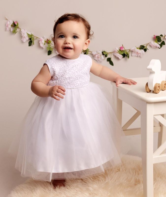 Baby-Mädchen-Taufkleid mit Spitze und Schleife - ROSE - Weiß