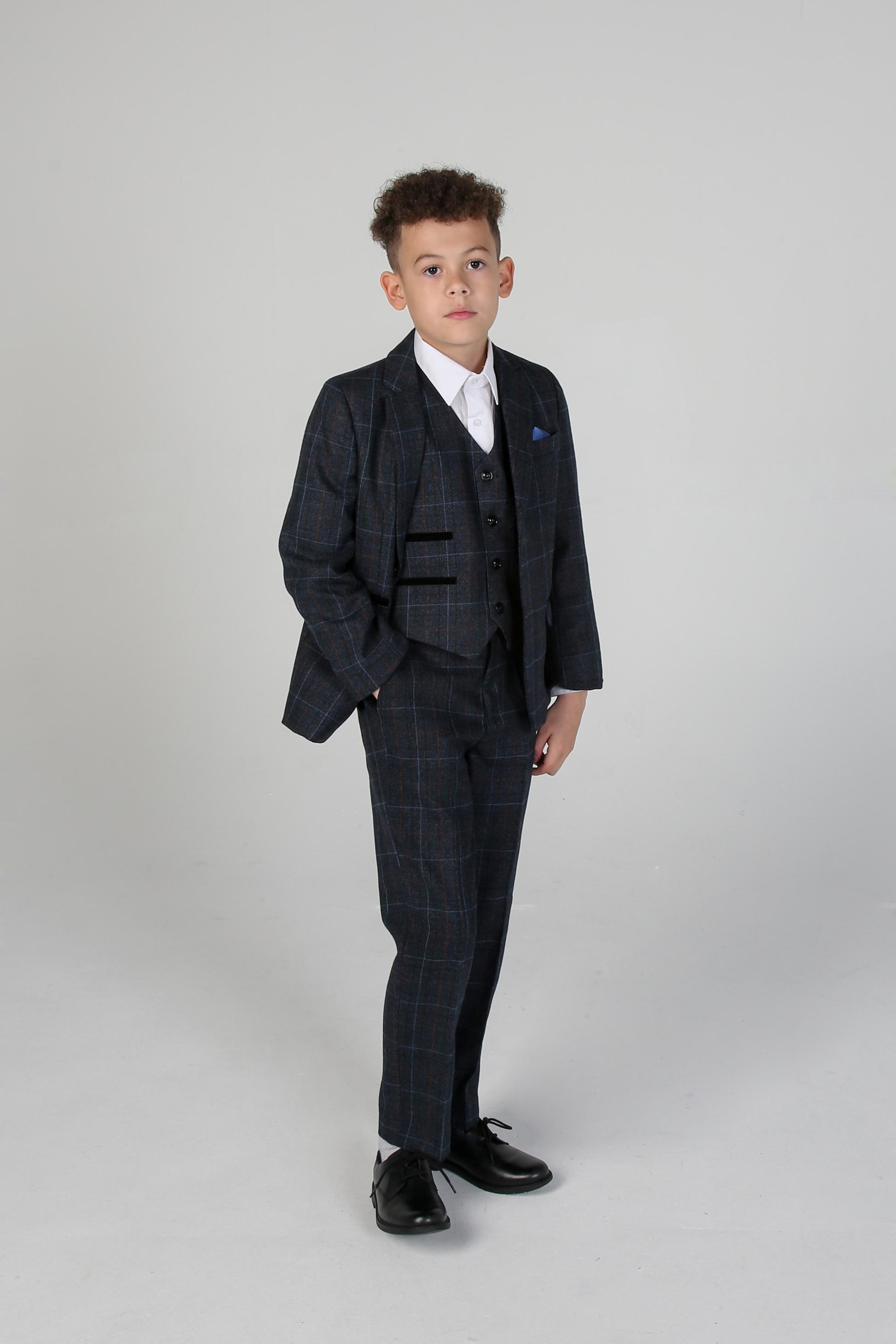 Tailored Fit Retro Anzug für Jungen aus TweedKaro - Navy blau