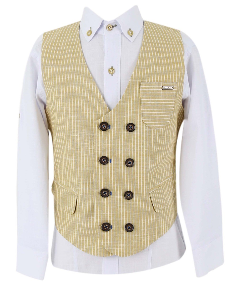 Boys Cotton Linen Pinstrip Vest Suit Set - Khaki Green