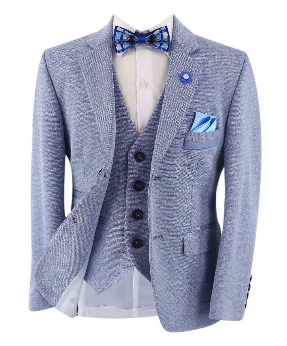 Boys Cotton Slim Fit Blazer and Vest Set - Frank - Blue