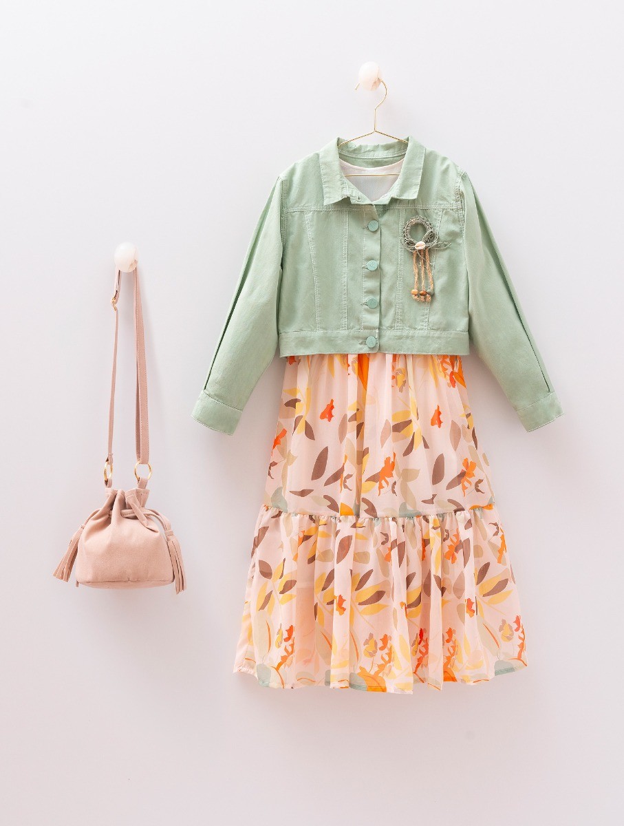 Ensemble robe et veste à imprimé feuille pour filles - MIALIA - Top multicolore et veste verte claire