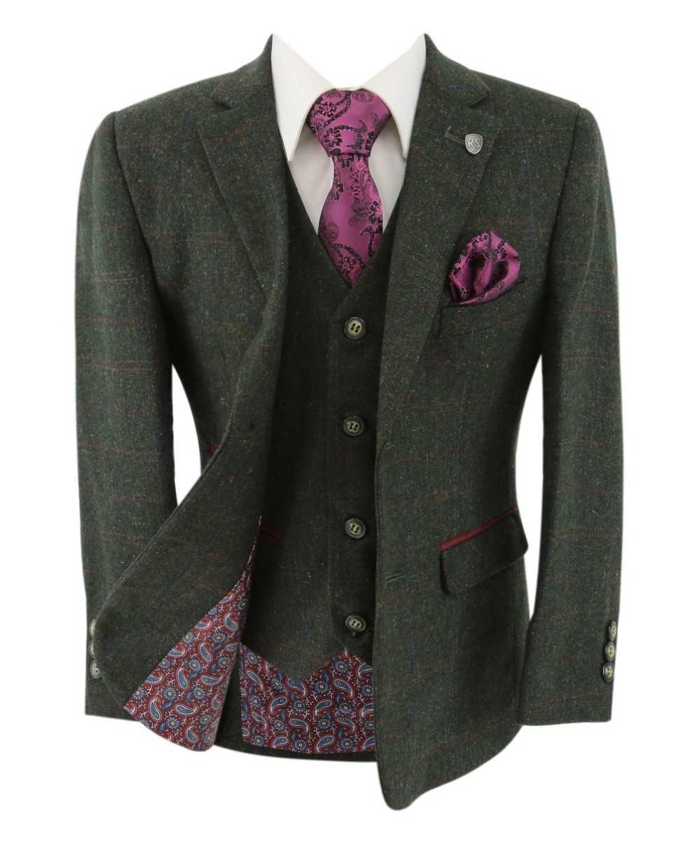 Boys' Green Tweed Check Tailored Fit Suit - JOSHUA - Dark Green