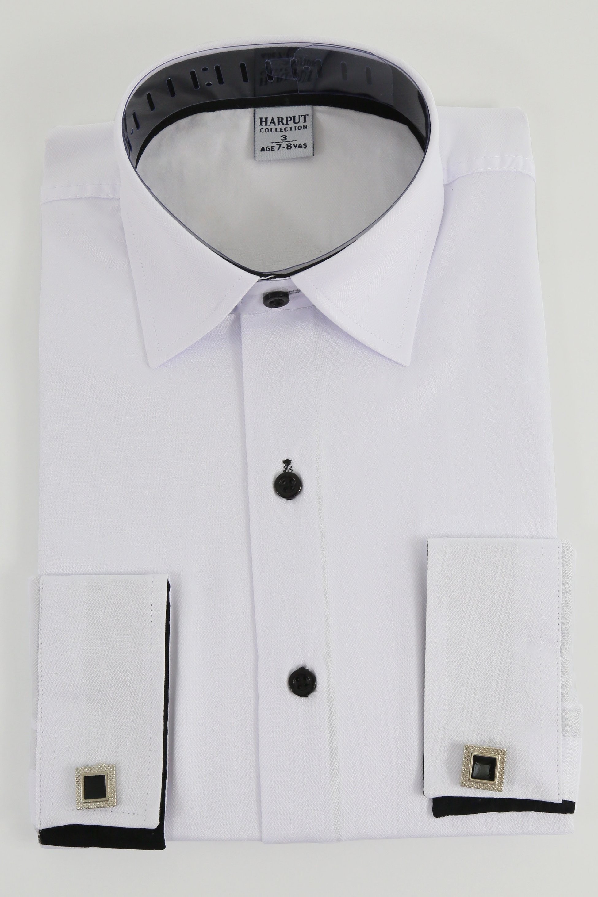 Boys White Formal Dress Shirt with Cufflinks - Herringbone Pattern - HARPUT