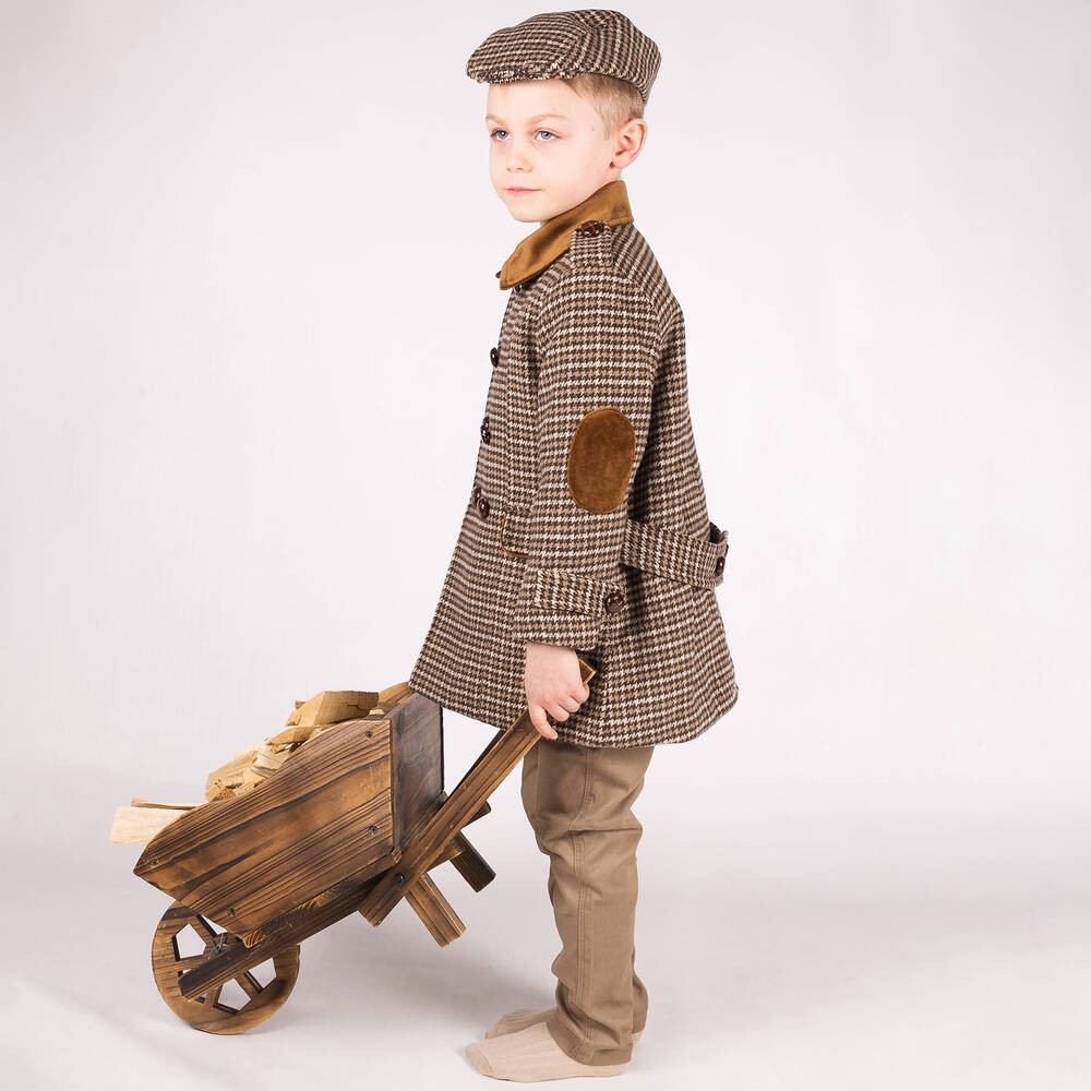 Zweiteiliger Erbsenmantel aus Tweed mit Hahnentrittmuster für Jungen und passender Mütze – perfekt für den Winter. - Braun