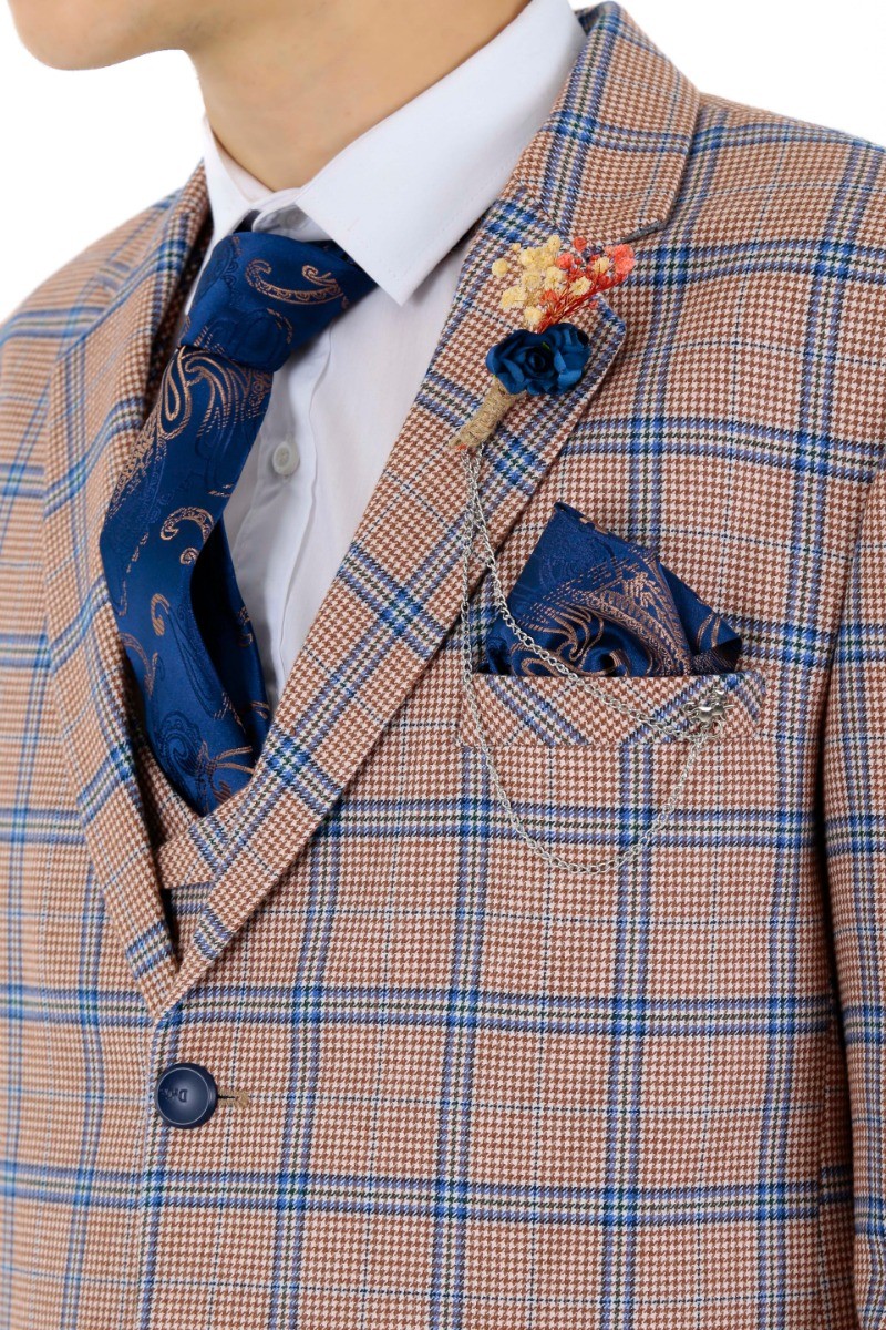 Jungen Slim-Fit Anzug mit Fensterkaro - Pfirsich - Marineblau