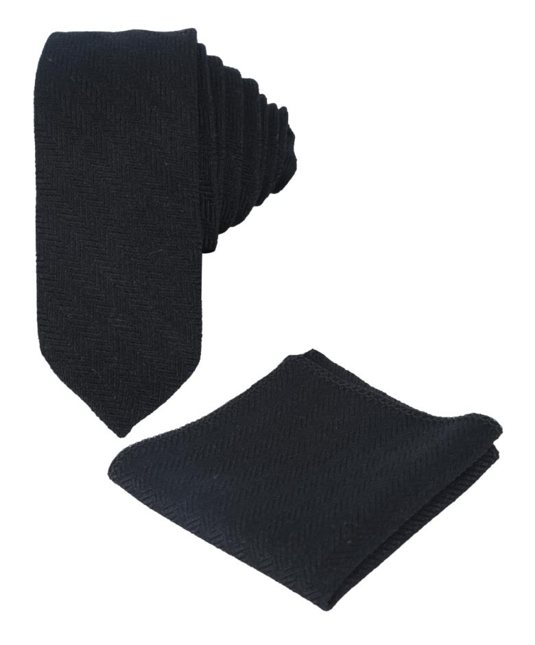 Schmale Tweed-Krawatte und Einstecktuch mit Fischgrätenmuster für Herren und Jungen - Schwarz