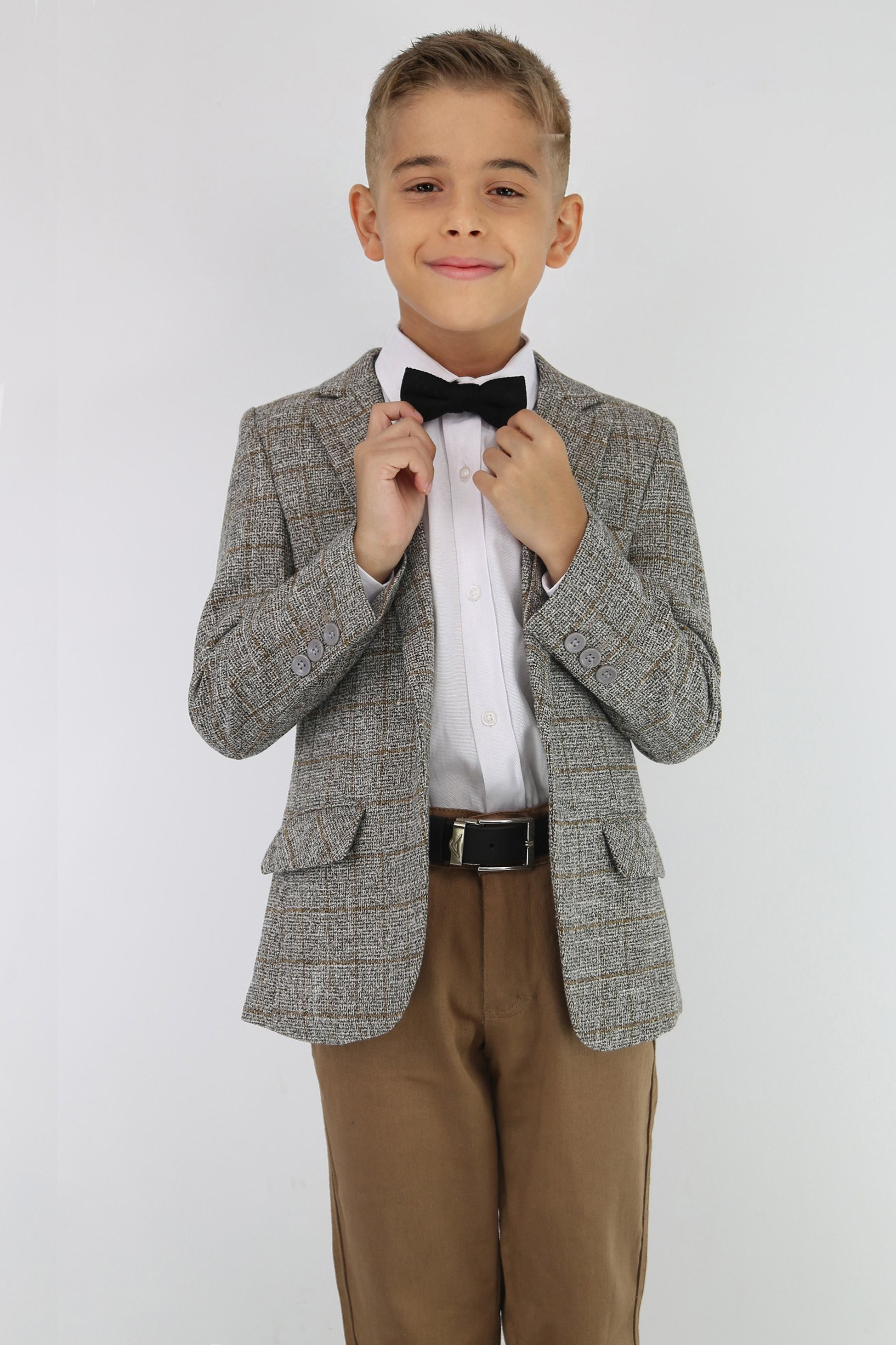 Jungen-Baumwoll-Tweed-ähnlicher Karo-Tailored-Fit-Blazer - Beige