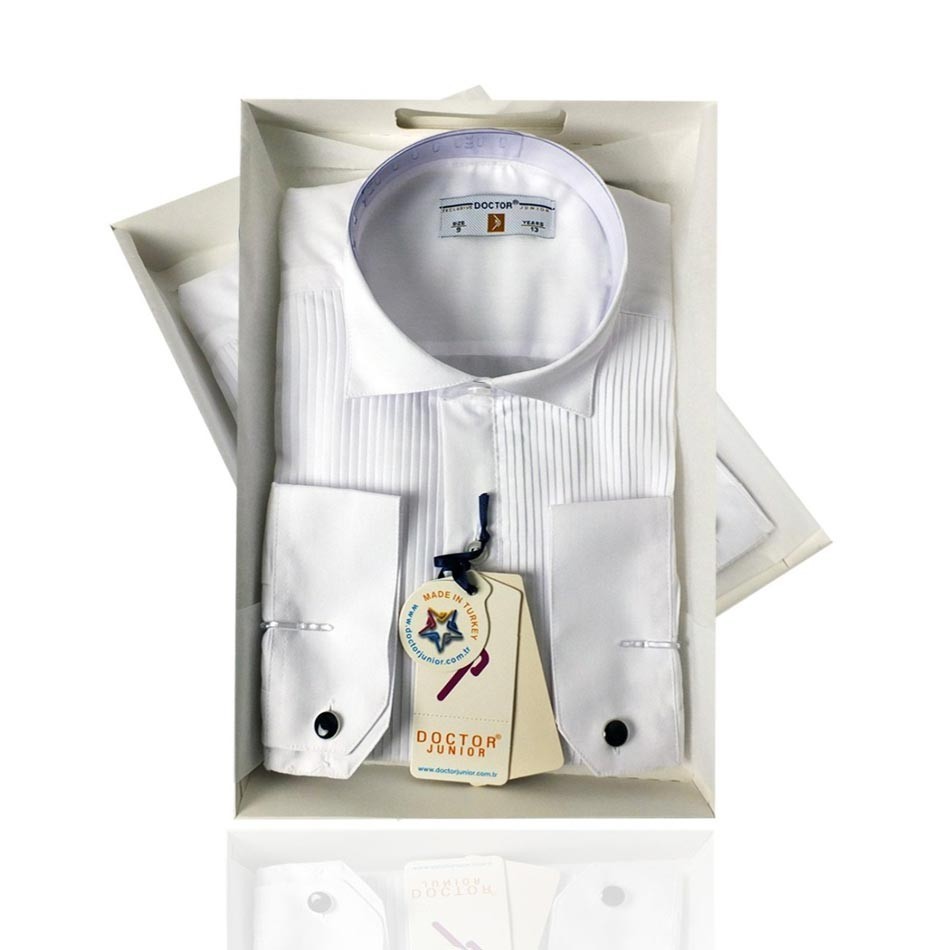 Chemise habillée pour garçons avec col cassé, poignets plissés et boutons de manchette - Blanc