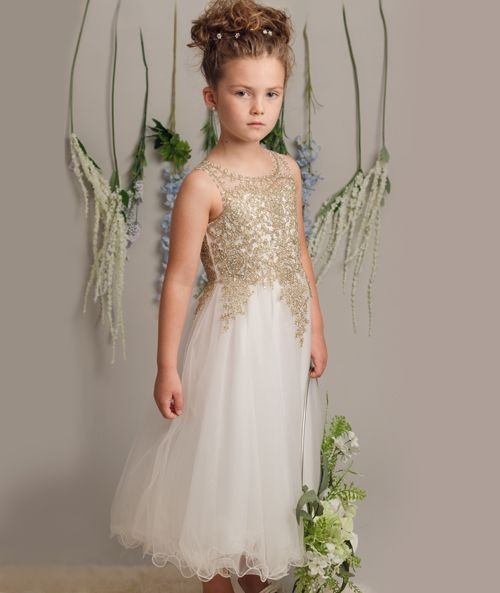 Mädchen Elfenbein/Gold Spitzen Perlenkleid - LINZI