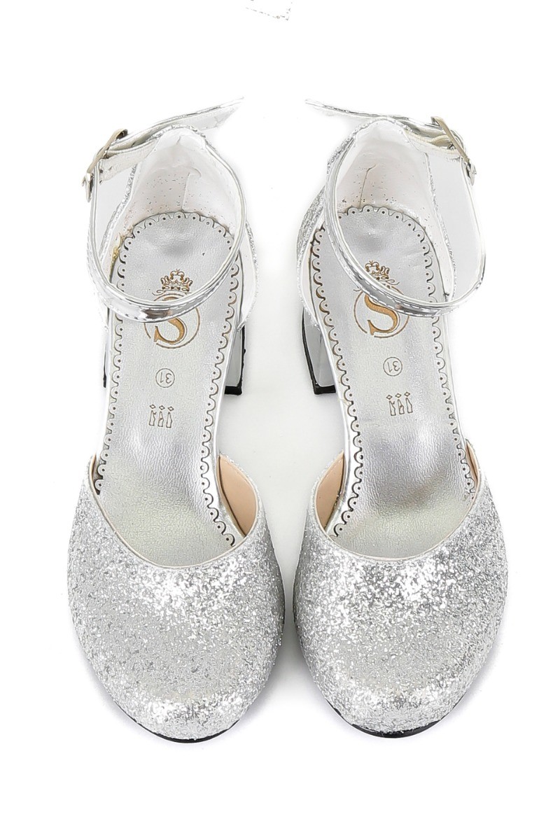 Girls Glittery Mary Janes Block Heel Silver Shoes