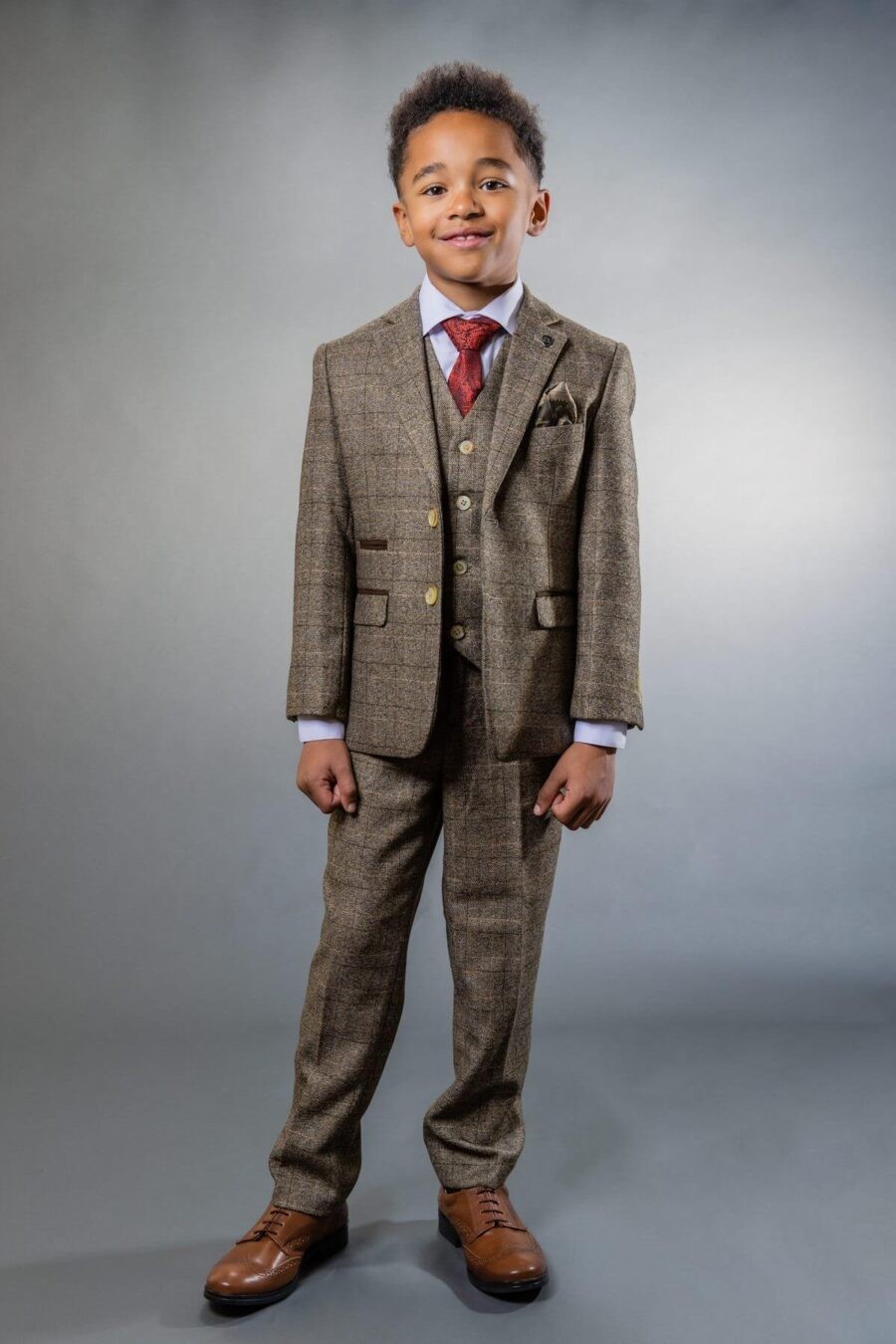 Jungen Tweed Karo Anzug in Beige mit taillierter Passform - LIAM