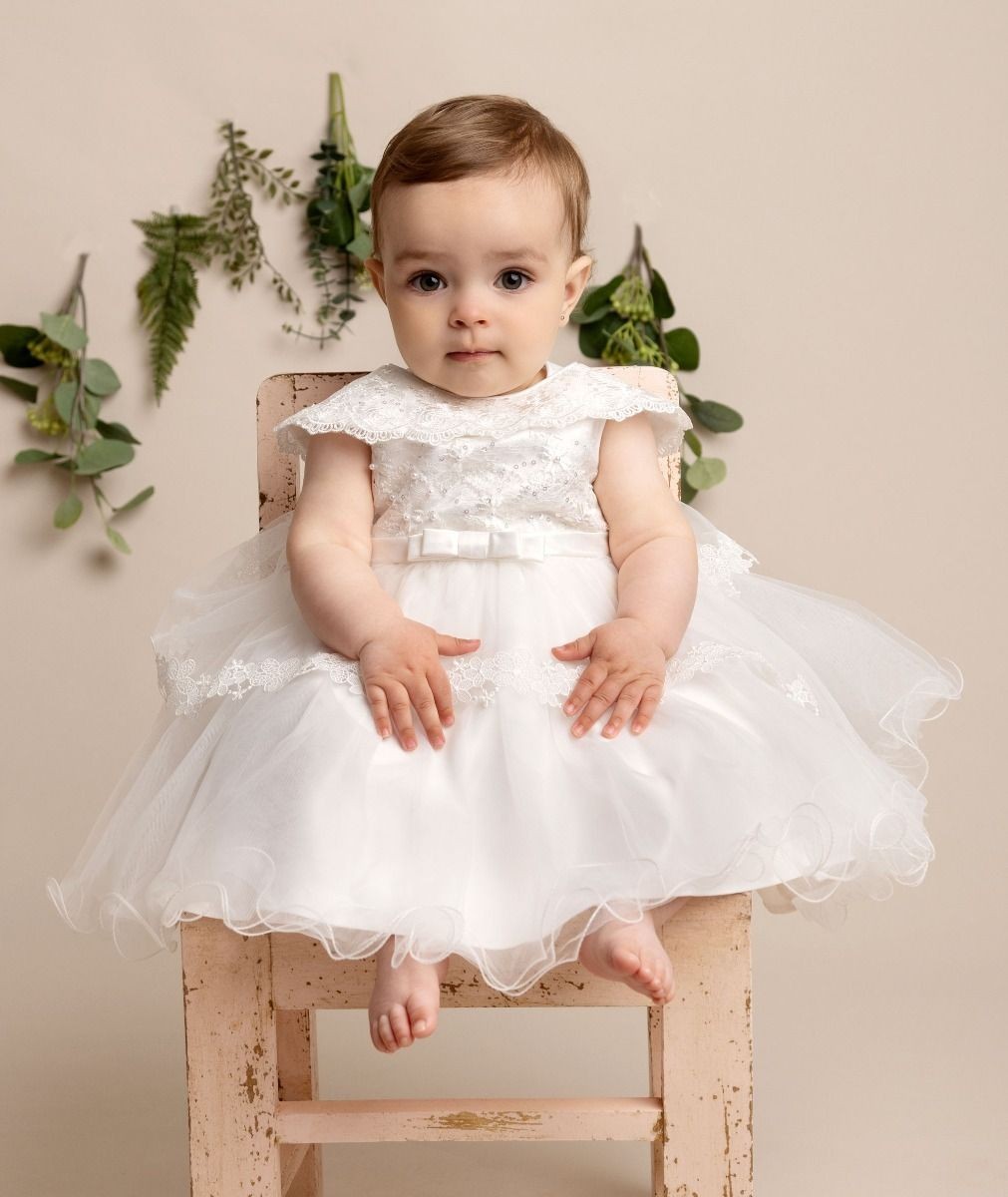 Baby-Mädchen Lagen-Taufkleid mit Spitzenumhang - HAZEL - Elfenbein