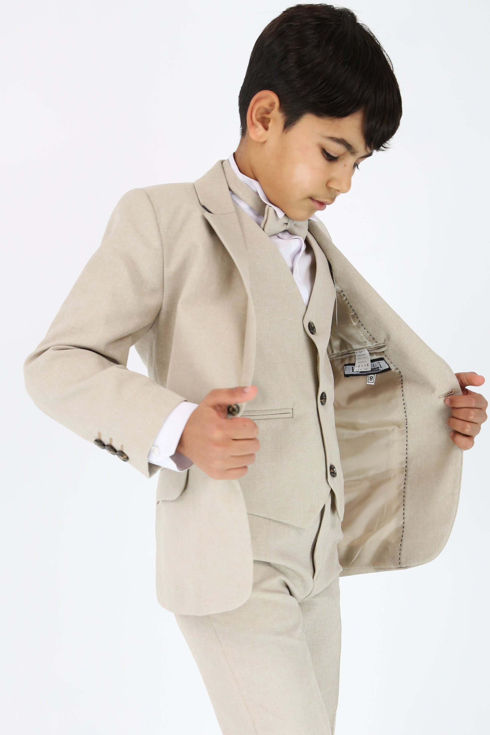 Boys Slim Fit Textured 6-Piece Formal Suit Set - Beige
