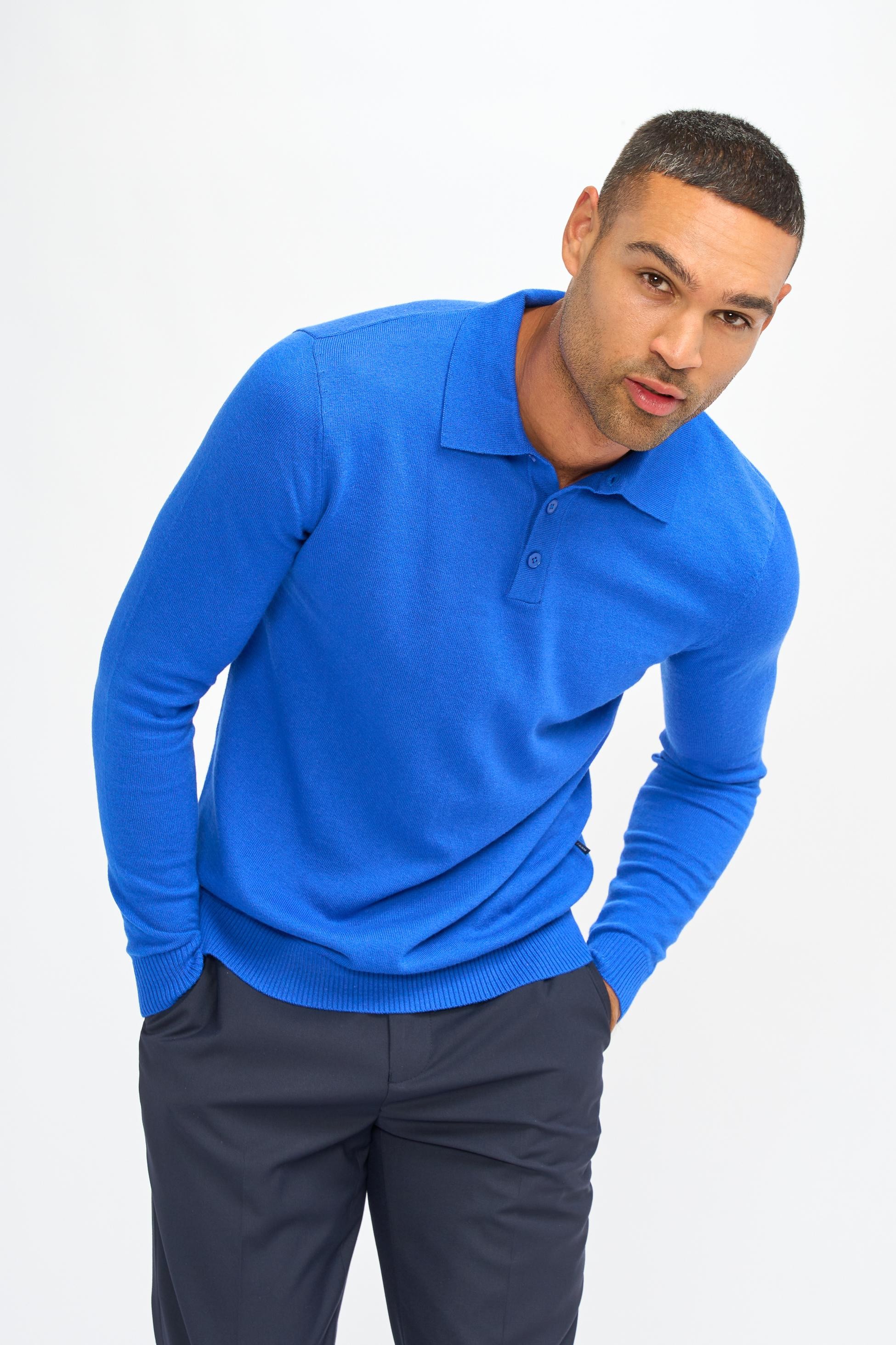 Herren Wollstrick Langarm-Poloshirt - Boom - Electirc blau