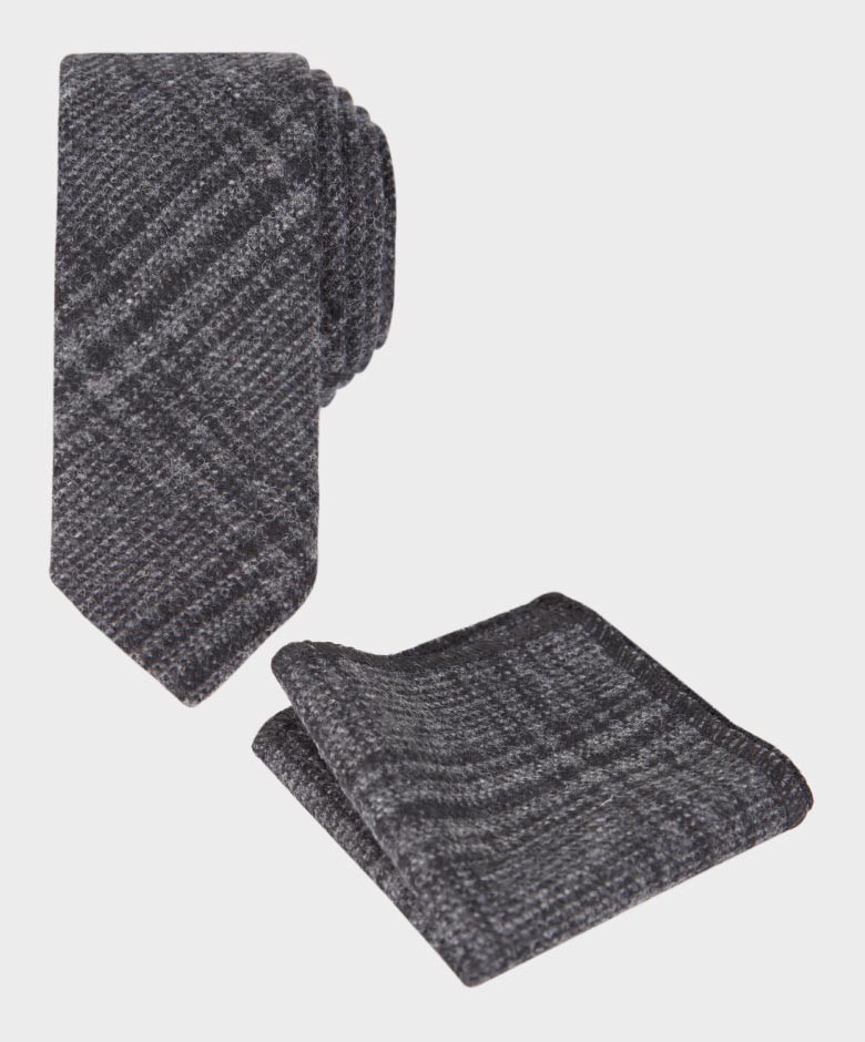 Boys Tweed Check Grey Tie and Hanky Set