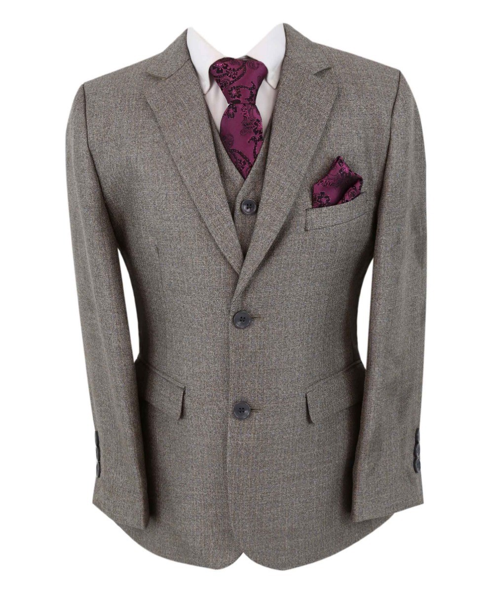 Boys Tailored Fit Textured Suit  - Dunkelbeige