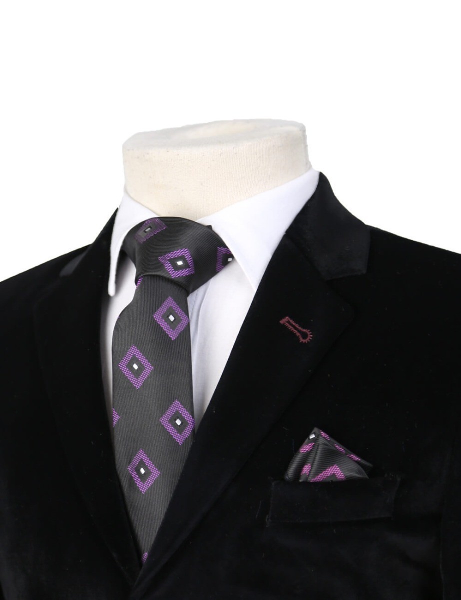 Boys Mixed Pattern Formal Tie & Hankie Set - Black Purple