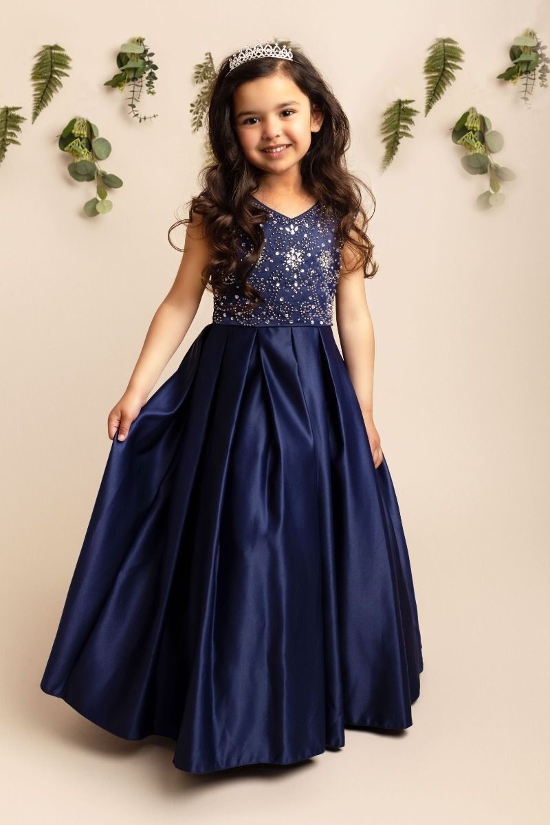 Mädchen Kristall Satin Marineblau Ballkleid – EDEN