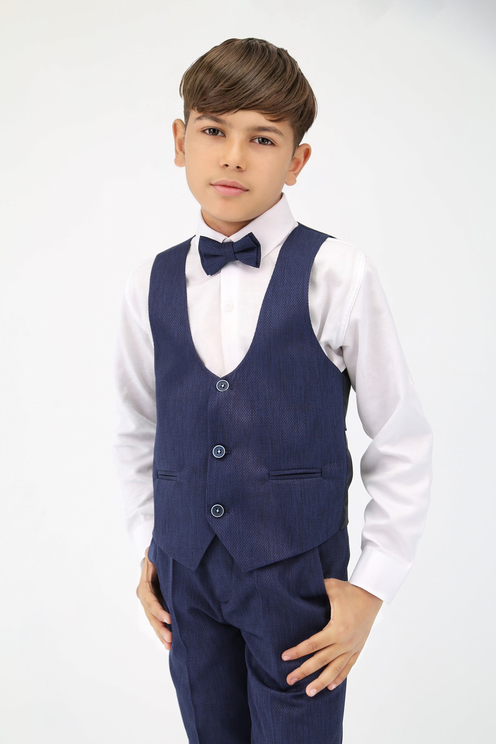 Slim-Fit Jungen Anzug 5-teilig mit Selbstmuster - Navy