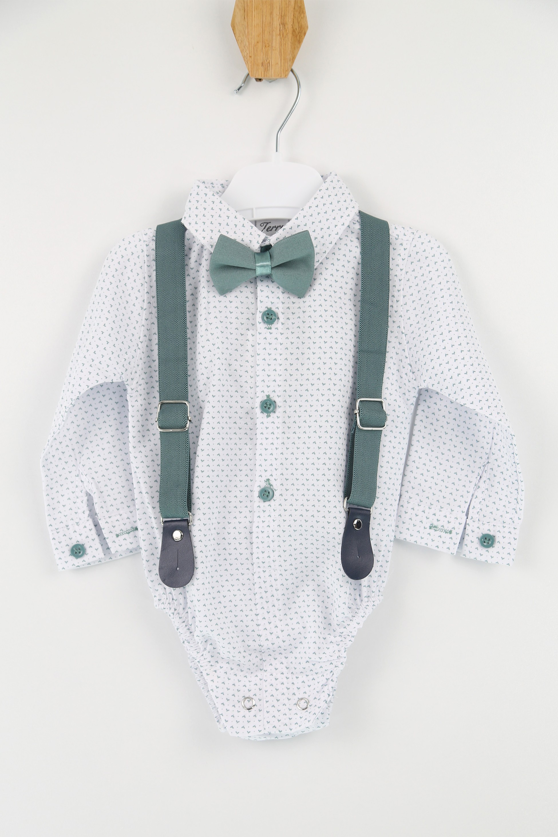 Baby Jungen Gentleman Outfit - 4-teiliges Hosenträger-Anzug-Set - BIRD - Grün