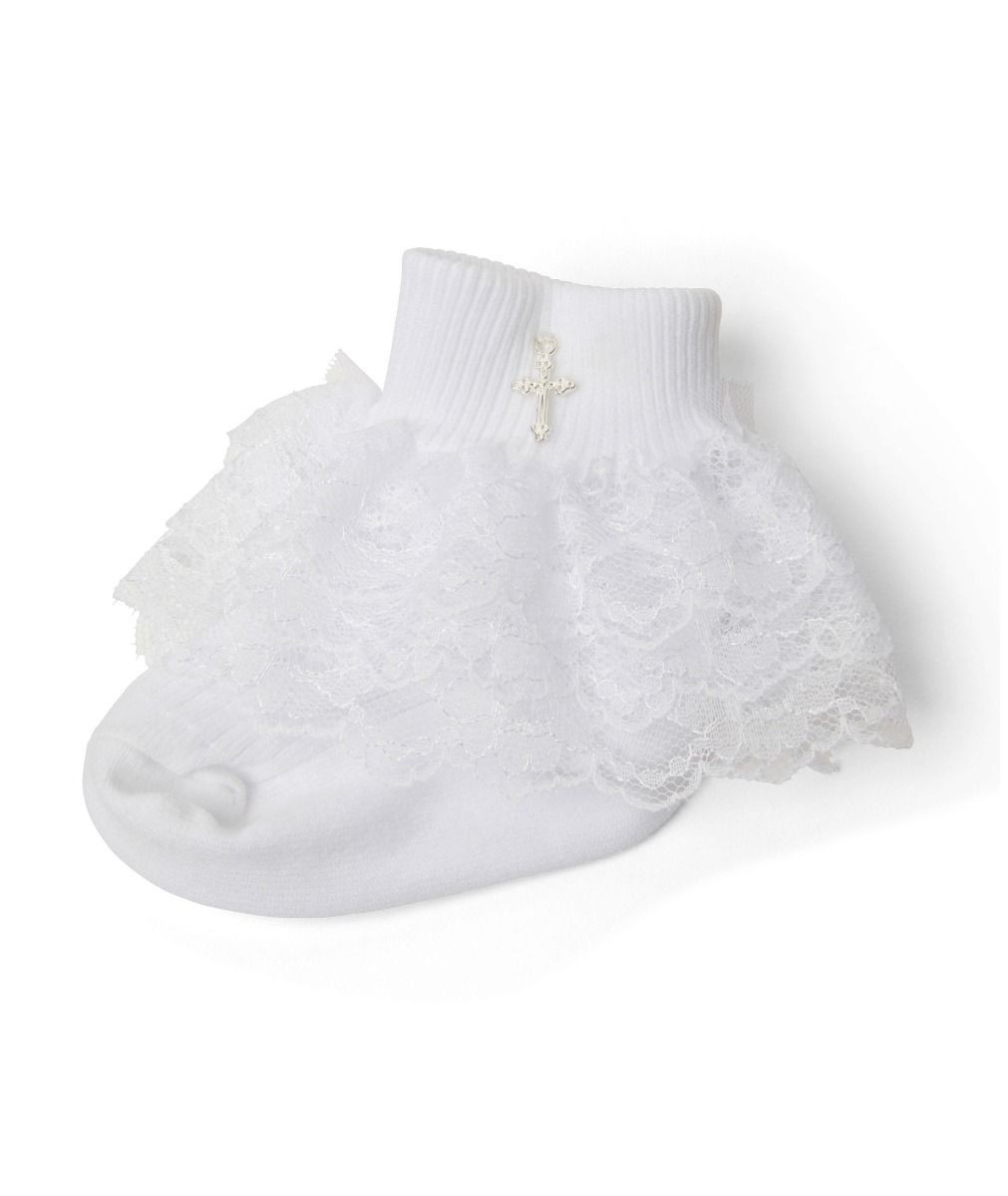 Girls' White Lace Frill Socks with Cross Charm - SILVIA