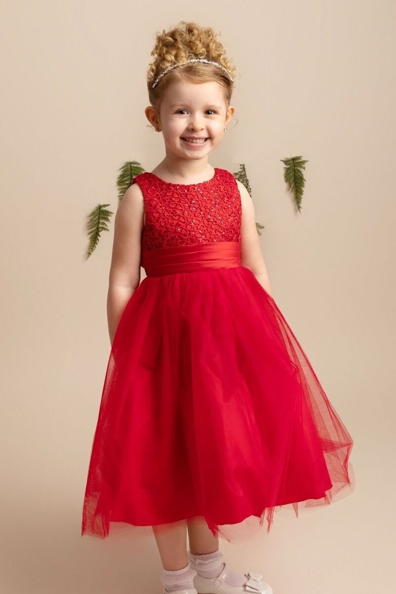 Girls Dress with Floral Bodice & Bow - PC-1025 - Red