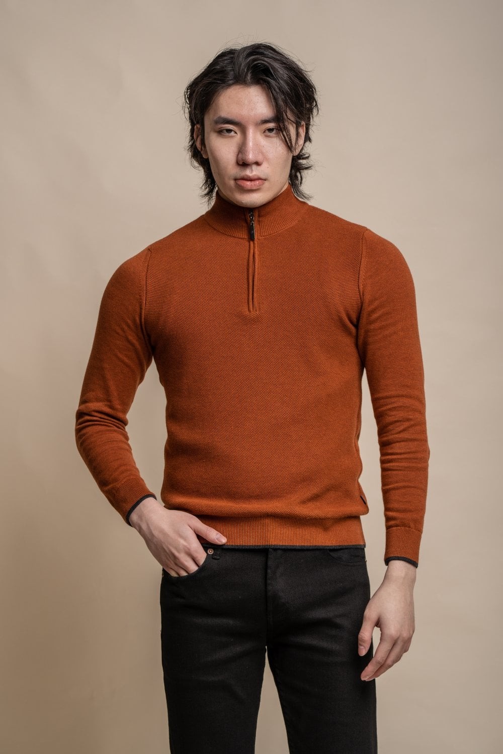 Pull en tricot de coton à demi-zip pour hommes - KYLE - Brique rustique