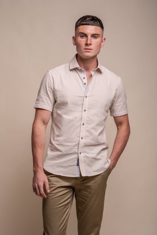 Chemise à manches courtes en mélange de lin ajustée pour hommes - FUEGO - Beige