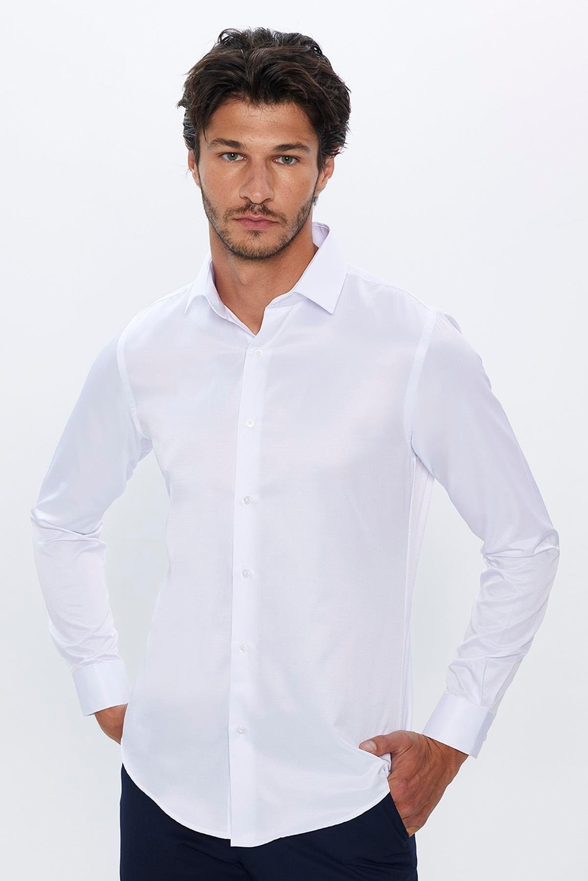 Chemise Slim Fit en Coton Mélangé avec Col Boutonné pour Homme - Dimi Dotti - Blanc